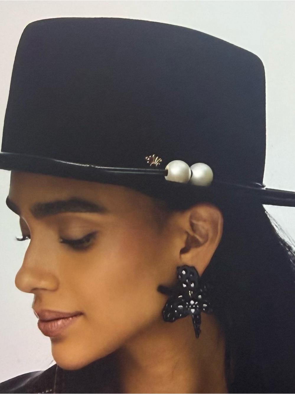 Lele Sadoughi, jet Black Wool Felt Hat with Pearl Accent
